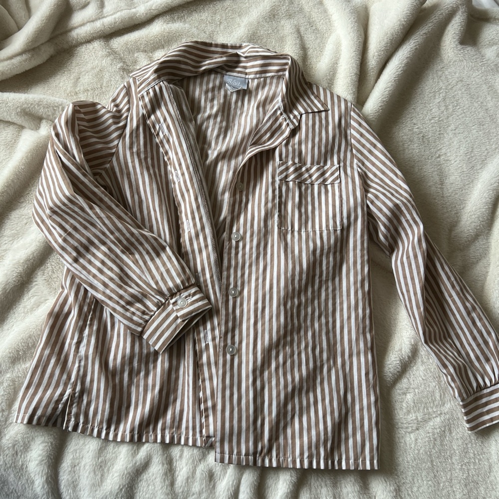 Vintage Beige & White Striped Button Down Shirt — Oversized fit